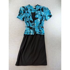 KR of NY Blue Floral Overlay Black Dress Women's Size 12 Midi